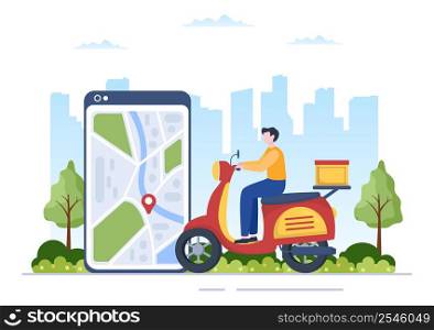 Food Delivery Service App on a Tracking Smartphone to Order Ready Meals and Delivered to Your Home by Scooter in Flat Cartoon Illustration