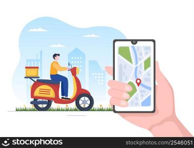 Food Delivery Service App on a Tracking Smartphone to Order Ready Meals and Delivered to Your Home by Scooter in Flat Cartoon Illustration