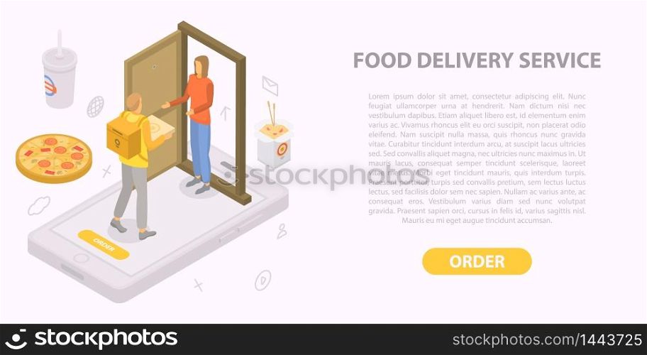 Food delivery service concept banner. Isometric illustration of food delivery service vector concept banner for web design. Food delivery service concept banner, isometric style