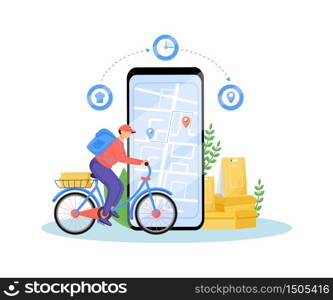 Food delivery service flat concept vector illustration. Deliveryman riding bike, fast food courier on bicycle 2D cartoon character for web design. Takeaway eating online order creative idea
