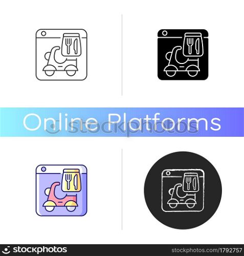 Food delivery service icon. Delivering orders by restaurant, cafe couriers. Contactless payment method. Products from grocery store. Linear black and RGB color styles. Isolated vector illustrations. Food delivery service icon