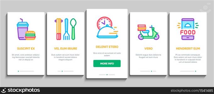 Food Delivery Service Onboarding Mobile App Page Screen Vector. Food Delivery Boy And Motorcycle, Online Order And Phone Application, Utensil And Nutrition Illustrations. Food Delivery Service Onboarding Elements Icons Set Vector