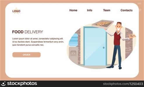 Food Delivery Service. Pizza for Lunch at Office. Smiling Coworker Stand with Cardboard Box. Happy Young Businessman Plan to Have Slice of Junkfood for Break. Cartoon Flat Vector Illustration. Food Delivery Service. Pizza for Lunch at Office