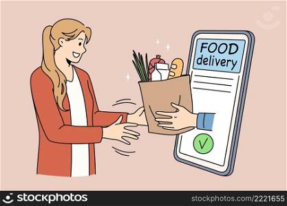 Food Delivery service to home concept. Young smiling woman standing getting food parcel from online from smartphone screen vector illustration . Food Delivery service to home concept.