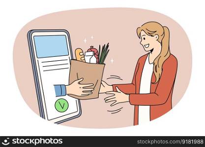 Food Delivery service to home concept. Young smiling woman standing getting food parcel from online from smartphone screen vector illustration. Food Delivery service to home concept.