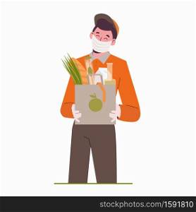 Food delivery to your home. Mail worker in mask and gloves. Safe service. Online food ordering at your address. Male courier. Flat illustration isolated on a white background.