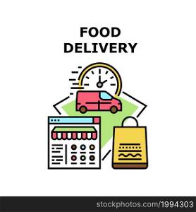 Food Delivery Vector Icon Concept. Food Delivery Service, Choosing Dish Online On Web Site, Fast Delivering Meal Bag On Van. Restaurant And Cafe Servicing Customer Color Illustration. Food Delivery Vector Concept Color Illustration