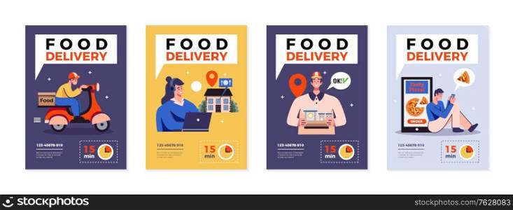 Food delivery within 15 minutes advertising posters set with phone number for call isolated vector illustration