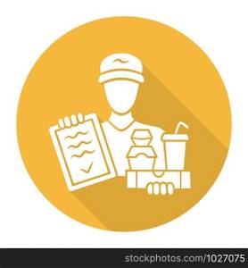 Food delivery yellow flat design long shadow glyph icon. Express courier service. Deliveryman holding takeaway food and invoice. Restaurant, cafe free order delivering. Vector silhouette illustration