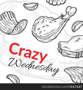 Food discounts and promotions, crazy wednesday happy hour. Baked chicken and chips, bacon or ham. Roasted meat served in restaurant. Monochrome sketch outline, vector in flat style illustration. Crazy wednesday, food discounts in cafes shops
