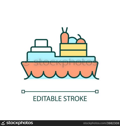 Food distribution RGB color icon. International products shipment. Marine delivery. Food security. Isolated vector illustration. Simple filled line drawing. Editable stroke. Arial font used. Food distribution RGB color icon