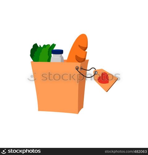 Food donate cartoon icon. Products in the paper bag on a white background. Food donate cartoon icon