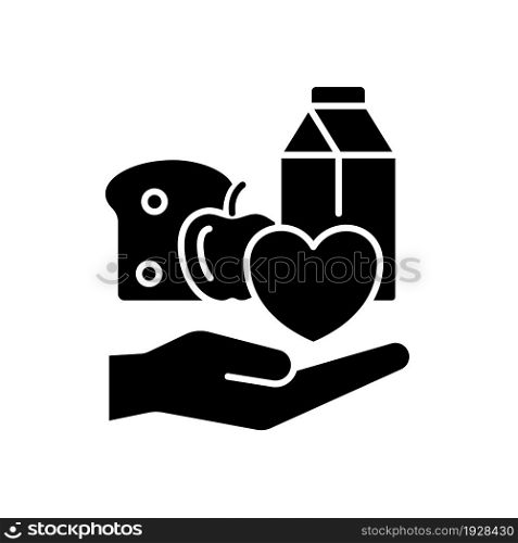 Food donation black glyph icon. Charity organizations. Lack of products consumption. Volunteering and poor people support. Silhouette symbol on white space. Vector isolated illustration. Food donation black glyph icon