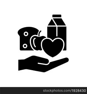 Food donation black glyph icon. Charity organizations. Lack of products consumption. Volunteering and poor people support. Silhouette symbol on white space. Vector isolated illustration. Food donation black glyph icon
