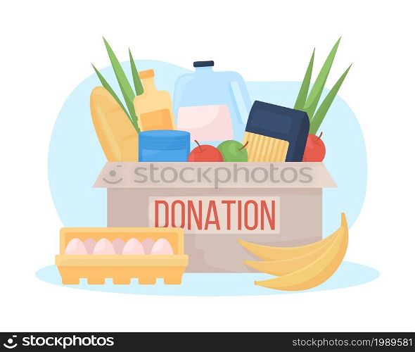 Food donation box 2D vector isolated illustration. Grocery products to give away to non profit. Humanitarian aid flat composition on cartoon background. Charity contribution colourful scene. Food donation box 2D vector isolated illustration