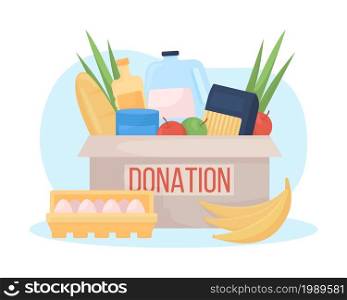 Food donation box 2D vector isolated illustration. Grocery products to give away to non profit. Humanitarian aid flat composition on cartoon background. Charity contribution colourful scene. Food donation box 2D vector isolated illustration