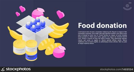 Food donation concept banner. Isometric illustration of food donation vector concept banner for web design. Food donation concept banner, isometric style