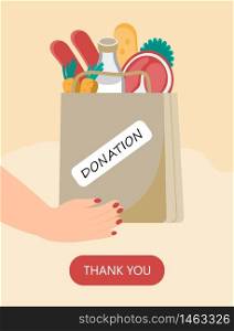 Food donation concept vector. Volunteer is holding a donation package with milk, meat, carrots, bread. Volunteering helping hand event.. Food donation concept vector. Volunteer is holding a donation package with milk, meat, carrots, bread. Volunteering helping hand events