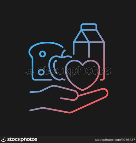Food donation gradient vector icon for dark theme. Charity organizations. Volunteering and poor people support. Thin line color symbol. Modern style pictogram. Vector isolated outline drawing. Food donation gradient vector icon for dark theme