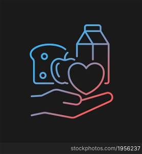 Food donation gradient vector icon for dark theme. Charity organizations. Volunteering and poor people support. Thin line color symbol. Modern style pictogram. Vector isolated outline drawing. Food donation gradient vector icon for dark theme