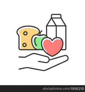 Food donation RGB color icon. Charity organizations. Lack of products consumption. Food insecurity. Volunteering and poor people support. Isolated vector illustration. Simple filled line drawing. Food donation RGB color icon