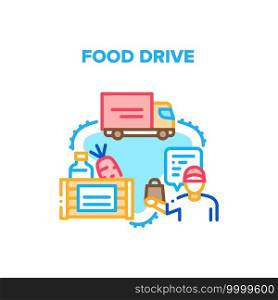 Food Drive Box Vector Icon Concept. Food Drive Truck Transportation Container With Delicious Nutrition And Drink, Vegetable And Milk Dairy Product. Delivery Service Courier Color Illustration. Food Drive Box Vector Concept Color Illustration