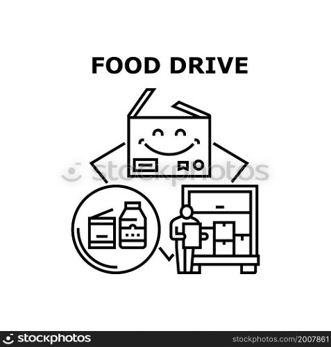 Food drive charity donate. Grocery box. Help background. Hunger volunteer. Soup can. Food drive bank. vector concept black illustration. Food drive icons vector illustrations