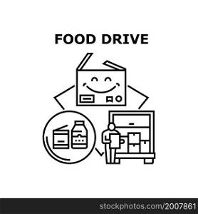 Food drive charity donate. Grocery box. Help background. Hunger volunteer. Soup can. Food drive bank. vector concept black illustration. Food drive icons vector illustrations