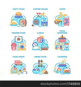 Food Eat Nutrition Set Icons Vector Illustrations. Tasty Greek Food And Shopping In Shop, Coffee House And Market, Food Drive Delivery And Catering Service, Chips And Lunch Color Illustrations. Food Eat Nutrition Set Icons Vector Illustrations