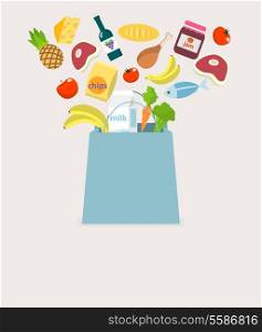 Food elements grocery items vegetables fruits fish and meat in shopping bag vector illustration
