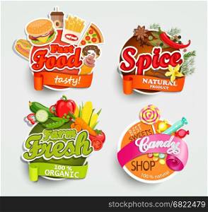 Food elements, typographical design label or sticker - fast food, spice, candy shop, farm fresh - design template. Vector illustration.. Food elements, design label or sticker.