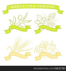 Food emblems and labels, green and yellow over white. Vector illustration.