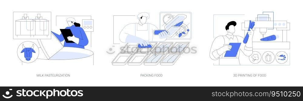 Food engineering abstract concept vector illustration set. Milk pasteurization, packing products, 3D printing of food, dairy production, processing, conservation and storage abstract metaphor.. Food engineering abstract concept vector illustrations.
