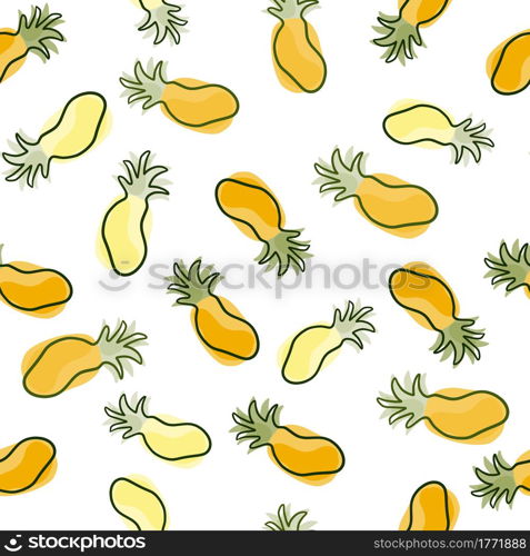 Food exotic seamless pattern with random yellow contoured pineapples ornament. Decorative backdrop for fabric design, textile print, wrapping, cover. Vector illustration.. Food exotic seamless pattern with random yellow contoured pineapples ornament.