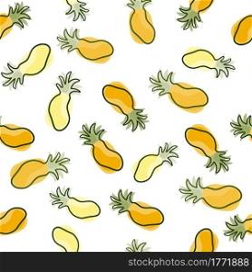 Food exotic seamless pattern with random yellow contoured pineapples ornament. Decorative backdrop for fabric design, textile print, wrapping, cover. Vector illustration.. Food exotic seamless pattern with random yellow contoured pineapples ornament.