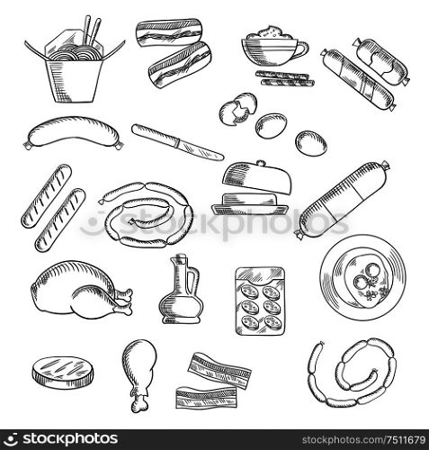 Food, fast food and meat icons with eggs and butter, bacon and sausages, chicken noodles and chicken, oil and salami. Fast food, snacks and meat sketched icons