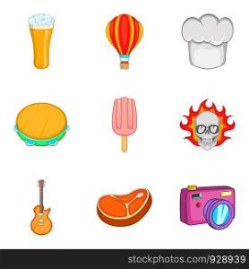 Food festival icon set. Cartoon set of 9 food festival vector icons for web design isolated on white background. Food festival icon set, cartoon style