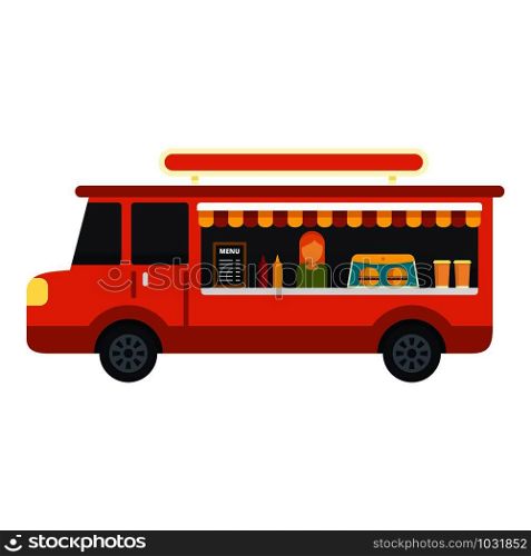 Food festival red truck icon. Flat illustration of food festival red truck vector icon for web design. Food festival red truck icon, flat style