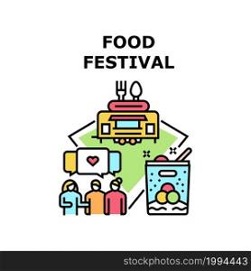 Food Festival Vector Icon Concept. Food Festival Event For Taste Fastfood, Ice Cream And Cookies Dessert, Communication With Friends On Nutrition Festive Celebration Holiday Color Illustration. Food Festival Vector Concept Color Illustration