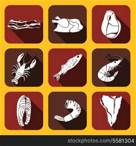Food fish and meat flat icons collection of chicken beef ham lamb isolated vector illustration