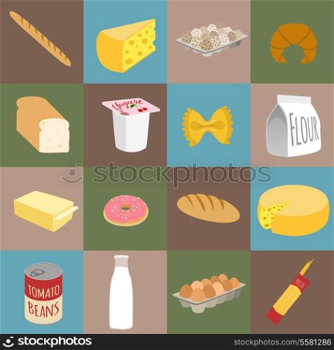 Food flat icons set of bread cheese egg box croissant isolated vector illustration