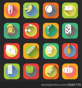 Food flat icons set of bread cherry cocktail glass isolated vector illustration