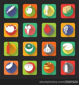 Food flat icons set of fish drink bottles and vegetables isolated vector illustration