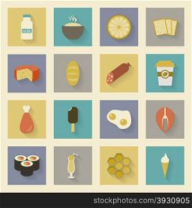 Food flat icons set with shadows vector graphic illustration design