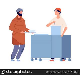 Food for homeless. Volunteering, people helping poor man. Hot lunch for refugee vector concept. Illustration donation and humanitarian assistance. Food for homeless. Volunteering, people helping poor man. Hot lunch for refugee vector concept