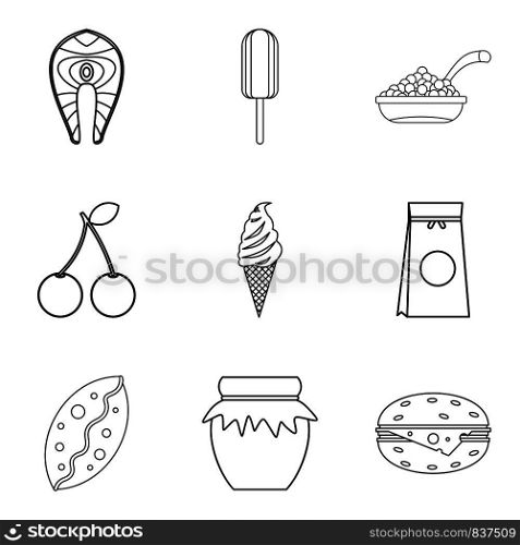 Food for work icons set. Outline set of 9 food for work vector icons for web isolated on white background. Food for work icons set, outline style