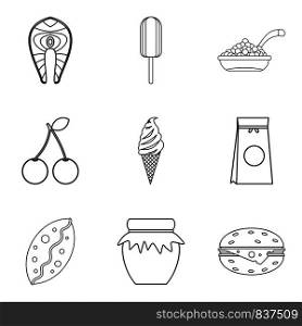 Food for work icons set. Outline set of 9 food for work vector icons for web isolated on white background. Food for work icons set, outline style