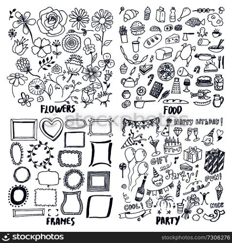 Food frames flowers party set of cute sketches vector illustration with lot of patterns, text sample, rose chamomile roast chicken bread fish potables. Food Frames Flowers Party Set of Cute Sketches