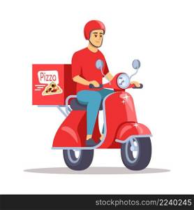 Food from local restaurant semi flat RGB color vector illustration. Pizza delivery guy sitting on motorcycle isolated cartoon character on white background. Food from local restaurant semi flat RGB color vector illustration