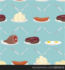 Food from meat seamless pattern. Ham and steak. Scrambled eggs and pasta. Food on plate. Sausage and dumplings. Cutlery: knife and fork. Vector background